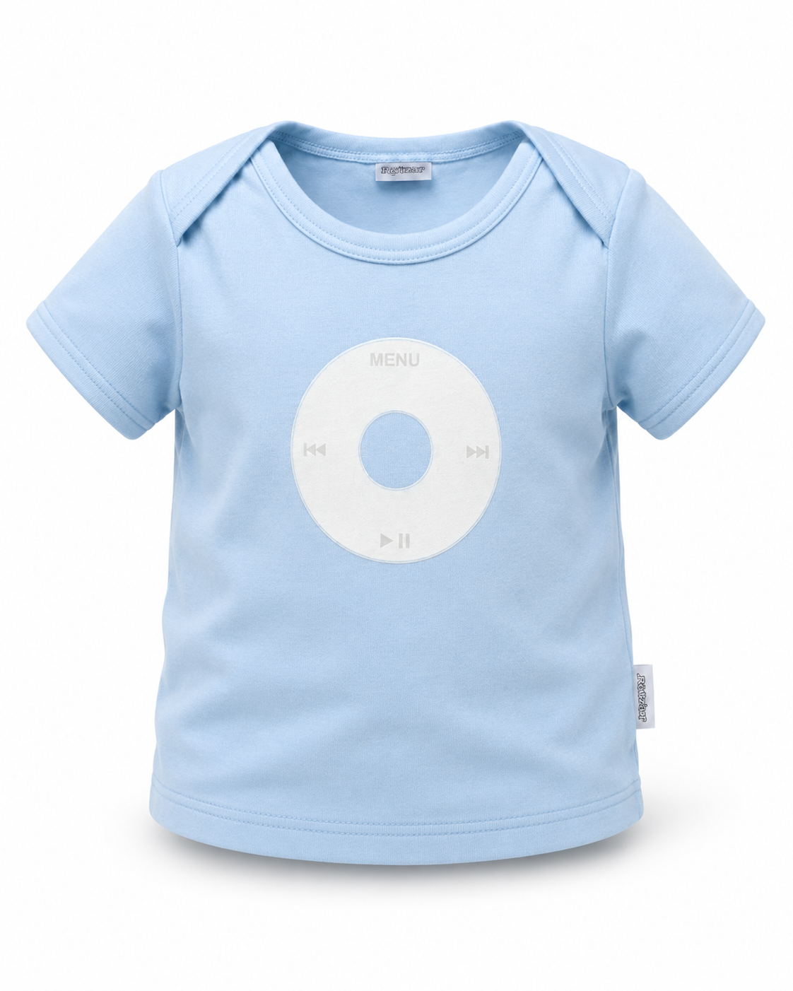 A light blue short-sleeve baby t-shirt featuring a white circular media control graphic on the chest, displayed against a clean white background.