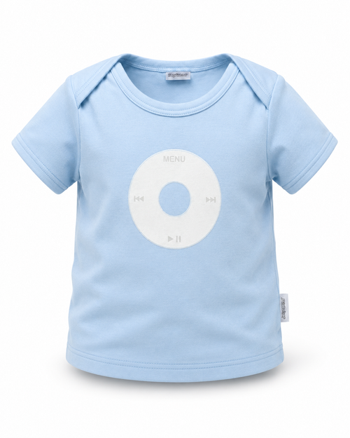 A light blue short-sleeve baby t-shirt featuring a white circular media control graphic on the chest, displayed against a clean white background.
